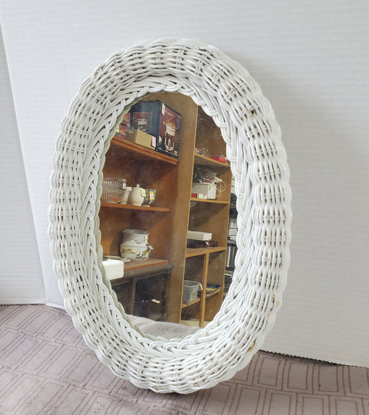 Vintage White Wicker Hanging Mirror