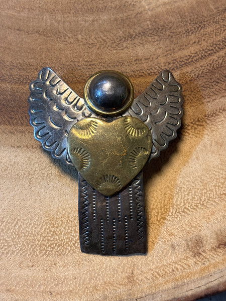 Large Sterling Angel Holding Brass Heart Pin/Pendant