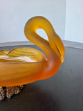 Art Deco Style Frosted Amber Swan Vintage Soap or Trinket Dish with Brass Base