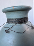 Pair of Heavyweight Gray Blue Pottery Vases with Wire Accents