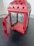 Small Red Metal Lantern with Star Cut Outs