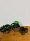 Empoli Mid Century Green Glass In Wicker Set - 5 Pieces