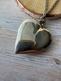 Long Vintage Gold Tone Heart Locket Necklace with Filigree Accents