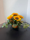 Faux Sunflower Arrangement in Green Pumpkin Planter