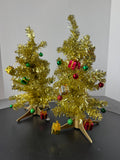 Pair of Gold Metallic Small Christmas Trees with Mini Ornaments