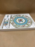 (A) Floral Blue And Gold Plate And Pie Server Collection Sevres Andrea By Sadek