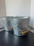 Pair of Leaf Embossed Oval Galvanized Tin Buckets