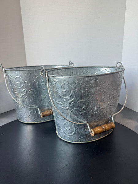 Pair of Leaf Embossed Oval Galvanized Tin Buckets