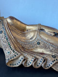 Reclining Burmese Mandalay Style Gilded Vintage Wooden Buddha with Glass Inlay