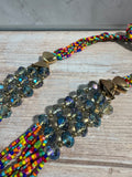 Long Multi-Colored Beaded Necklace with Faceted Ice Blue Accents