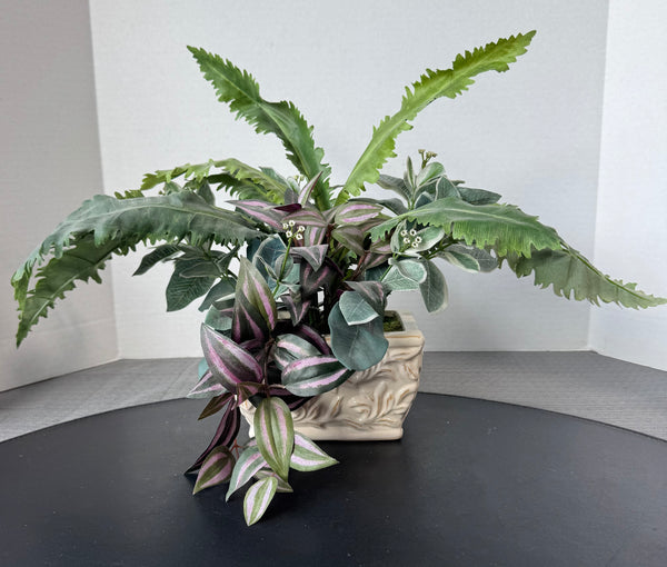 Artificial Greenery in Cream Embossed Ceramic Planter