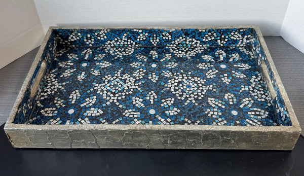 Pier 1 Imports Indonesia Blue Mosaic Glass & Wooden Tray