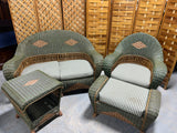 Green & Brown Wicker Set: Sofa, Chair, Ottoman and Side Table: Comes with Cushions