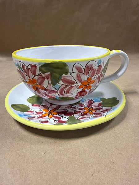 (D) Floral Hand Painted Soup Cup And Plate — Made In Italy