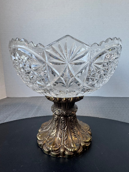 (A) Hollywood Regency Style Cut Glass & Brass Pedestal Bowl