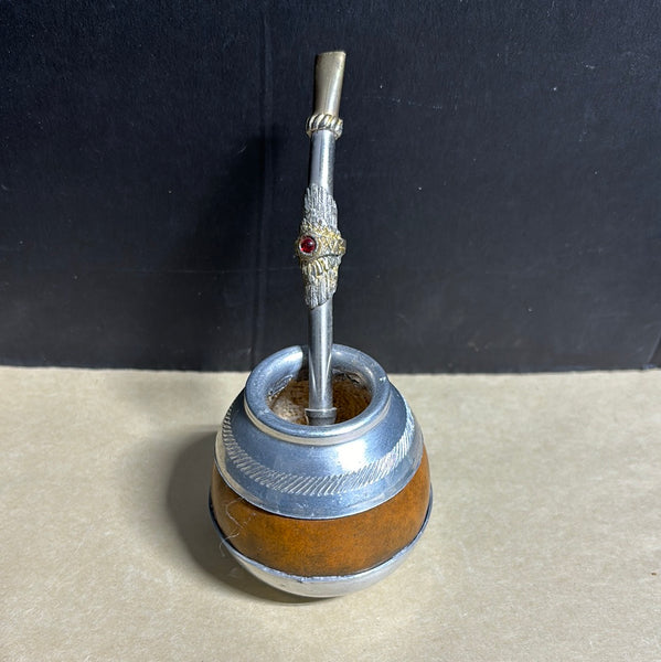 Vintage Yerba Mate Tea Gourd Cup & Bombilla Spoon