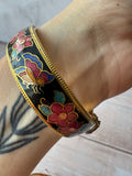 Black Butterfly Floral Cloisonné Hinged Bangle Bracelet