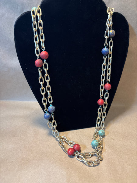 24” Red/Green/Blue Beads on Gold Tone Necklace