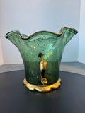 Vidreos San Miguel Style Green Glass Dual Handled Vase with Gold Accents