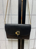 Coach Black Pebbled Leather Foldover Crossbody Bag with Gold Tone Chain Strap