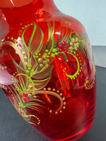 Holly Berries Hand Painted Red Glass Vase