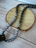 Chicos Faux Purple Pearl & Green Beaded Necklace with Green Velvet Tassel