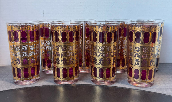 8-Piece Culver Cranberry Scroll 22K Gold Trim Glasses