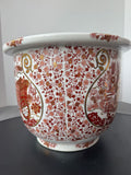 Asian Inspired Ceramic Planter with Brick Red & Gold Floral and Wagon Motifs