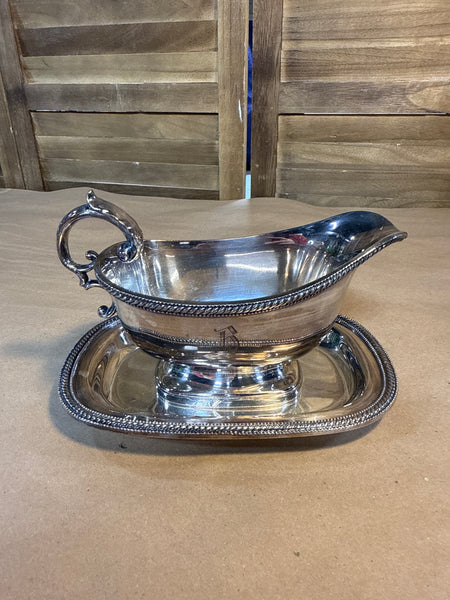 Silver Plate Gravy Boat With Saucer Plate // Engraved B