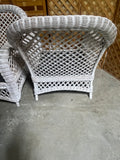 Cream Tone Wicker Pair of Chairs with Ottoman and Cushions