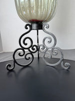 Iridescent Gray Ribbed Hurricane Candle Holder with Metal Scroll Base