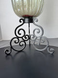 Iridescent Gray Ribbed Hurricane Candle Holder with Metal Scroll Base