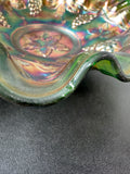 Fenton Grapes Vintage Green Carnival Glass Ruffled Bowl