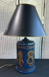 Blue Metal Tole Painted Tea Canister Lamp with Black Shade (WORKS)