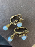 Faux Moonstone Bronze Tone Drop Clip Earrings