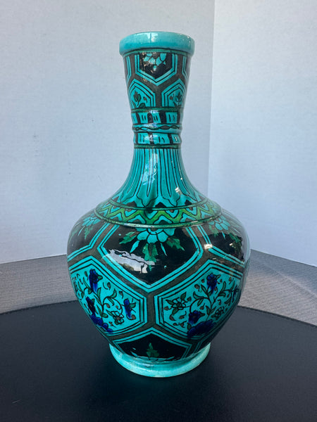 (B) Vintage Hand Painted Bohemian Black Accented Safi Bottle Vase