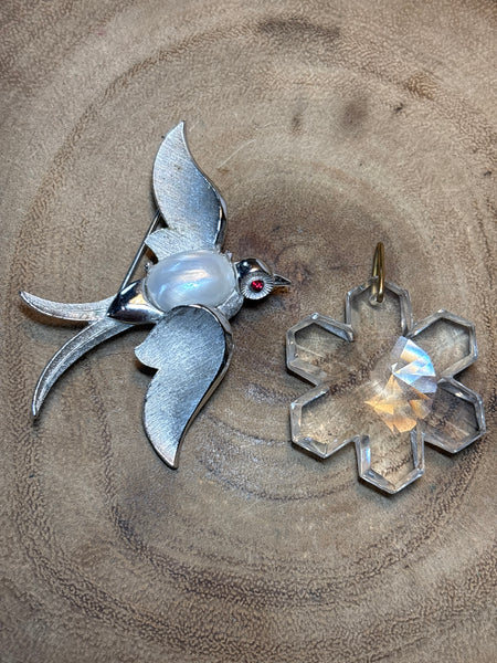 Bird Pin & Crystal Snowflake Pendant