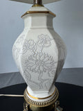 Cream Vintage Ceramic Floral Vase Lamp on Brass Base (WORKS)