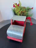 Farmhouse Style Wooden Red Pickup with Galvanized Tin Accents and Faux Holiday Picks