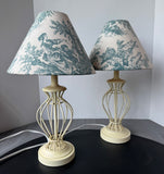 Pair of Cream Metal Cage Style Lamps with Blue & White Toile Shades (WORKS)