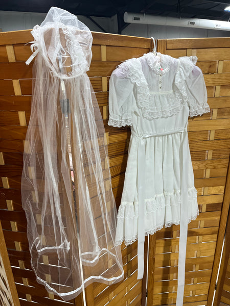 White Lace Dress by Bryan with Veil; Girls Size 7