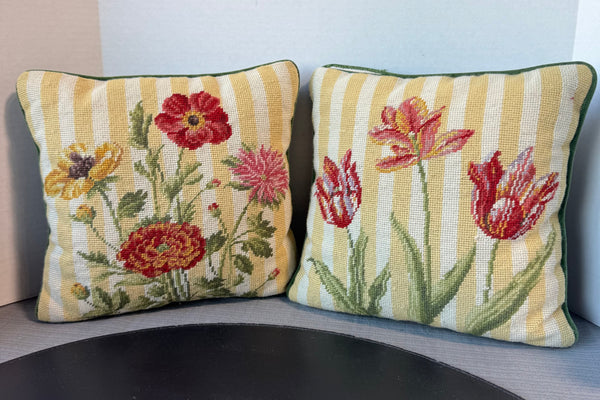 Pair of Yellow Striped Floral Needlepoint Throw Pillows
