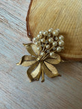 Trifari Vintage Gold Tone, Faux Pearl & Rhinestone Flower Bouquet Brooch