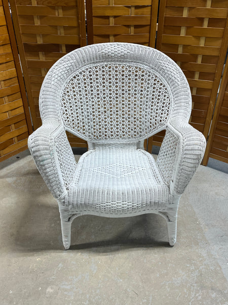 White Wicker Chair, NO CUSHIONS/SITS LOW