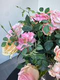 Faux Mixed Roses Arrangement in Glass Vase