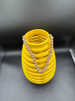 Yellow Ceramic Hanging Lantern With Wooden Beads Handle