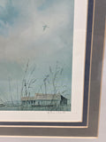 Signed Print of Geese Flying over Boathouse; Herb Jones