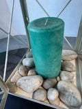 Distressed Cream Metal Lantern with River Rocks & Pillar Candle