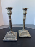 Pair of Vintage Neoclassical Column Silver Plate Candlesticks