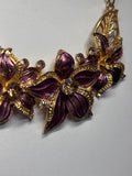 Purple Enameled Floral Gold Tone Bib Necklace
